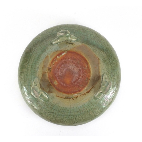 251 - Chinese celadon glazed tripod incense burner, incised under glaze with foliage, 28.5cm in diameter