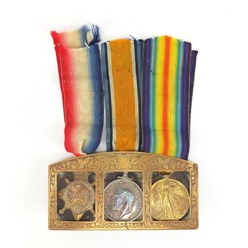 137 - British Military World War I trio with ornate brass frame, awarded to 14835A.CPL.G.H.WOOD.ESSEXR.