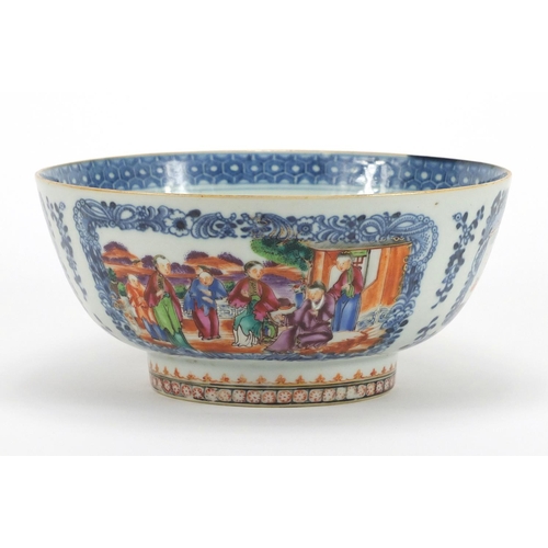 181 - Chinese blue and white porcelain footed bowl, hand painted in the famille rose palette with panels f... 