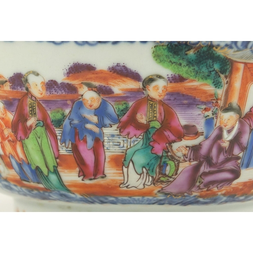 181 - Chinese blue and white porcelain footed bowl, hand painted in the famille rose palette with panels f... 