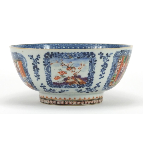 181 - Chinese blue and white porcelain footed bowl, hand painted in the famille rose palette with panels f... 