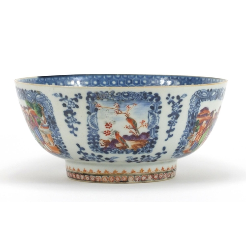 181 - Chinese blue and white porcelain footed bowl, hand painted in the famille rose palette with panels f... 