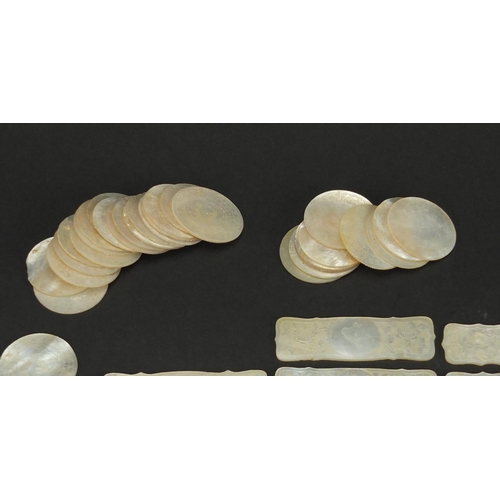 328 - Collection of Chinese Canton mother of pearl gaming tokens, decorated with butterflies and flowers, ... 