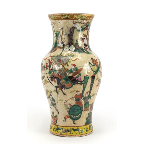 212 - Chinese crackle glazed vase with twin handles, hand painted in the famille verte palette with warrio... 