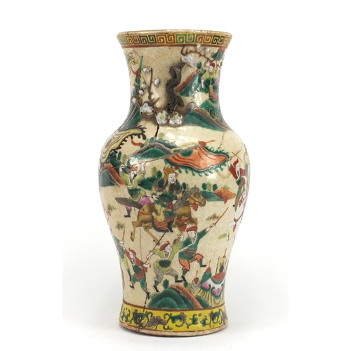 212 - Chinese crackle glazed vase with twin handles, hand painted in the famille verte palette with warrio... 