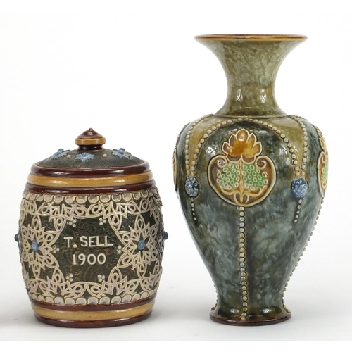 448 - Royal Doulton stoneware including an Art Nouveau vase and a tobacco jar inscribed T Sell dated 1900,... 