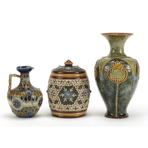 448 - Royal Doulton stoneware including an Art Nouveau vase and a tobacco jar inscribed T Sell dated 1900,... 