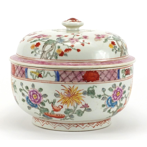 183 - Large Chinese porcelain bowl and cover, hand painted in the famille rose palette with flowers, six f... 