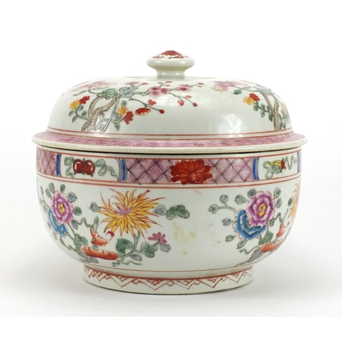 183 - Large Chinese porcelain bowl and cover, hand painted in the famille rose palette with flowers, six f... 