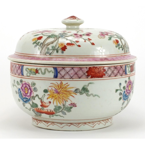 183 - Large Chinese porcelain bowl and cover, hand painted in the famille rose palette with flowers, six f... 