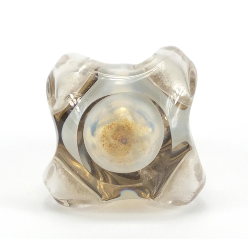 442 - French Art Deco Vaseline glass atomiser with gilt metal mounts, 14cm high