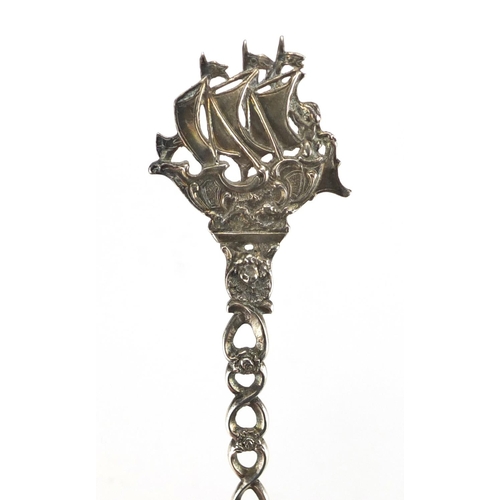 573A - Victorian silver spoon with sailing ship handle by Martin Sugar, London 1892, 20.5cm in length, appr... 