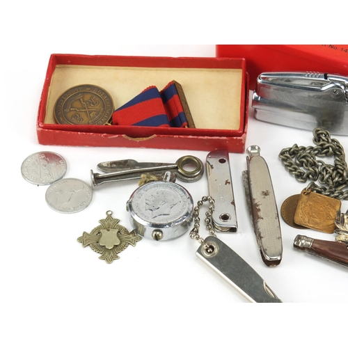 731 - Objects including silver jewels, trench art lighter, folding pocket knives, and enamelled 1936 Berli... 
