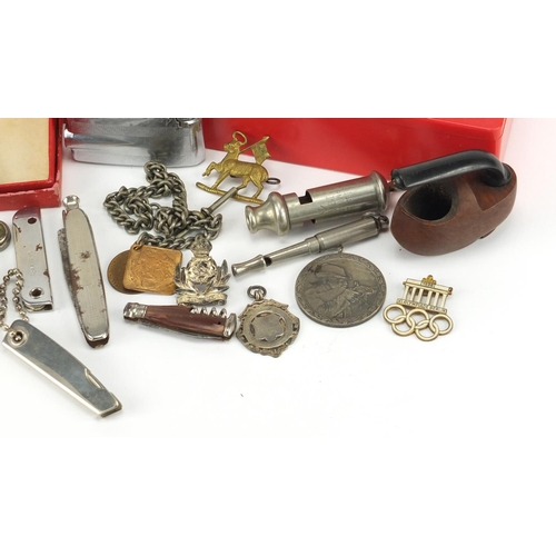 731 - Objects including silver jewels, trench art lighter, folding pocket knives, and enamelled 1936 Berli... 