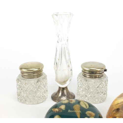 715 - Objects including a silver and cut glass bud vase and Lucite sea life paperweights