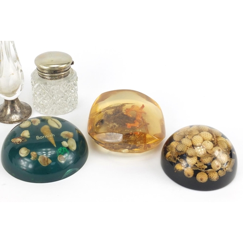 715 - Objects including a silver and cut glass bud vase and Lucite sea life paperweights