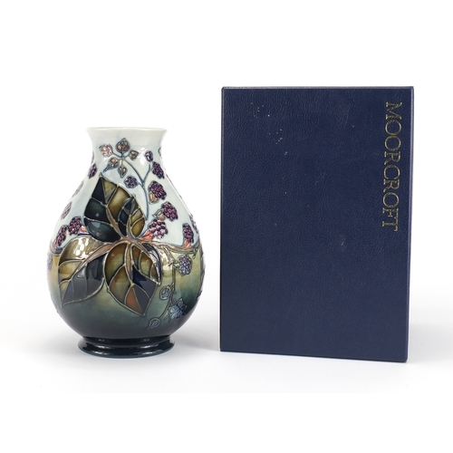 2198 - Moorcroft pottery baluster vase with box, hand painted with blackberries, factory marks, dated and s... 