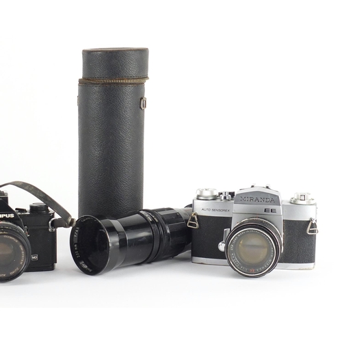 250 - Two vintage cameras comprising Olympus and Miranda and a Soligor 250mm lense