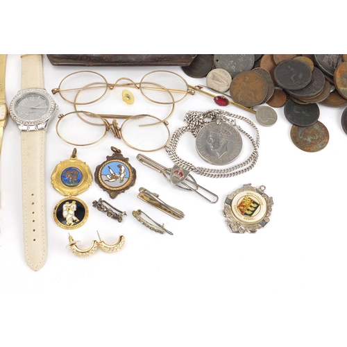 614 - Costume jewellery and World coins including wristwatches, necklaces and earrings