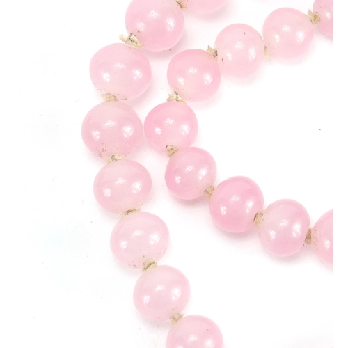 382 - Chinese porcelain bead necklace with silver gilt clasp and a rose quartz necklace