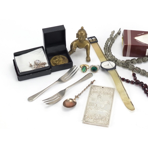 647 - Objects including necklaces, Swatch Watch, Middle Eastern brass figure and a Chinese silver coloured... 