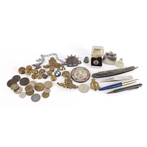 966 - Objects including Military cap badges, buttons, World coins, pens and cut throat razor