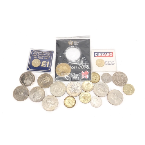 598 - Group of coins including five pounds, two pound coins and one pound coins