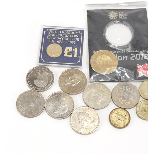 598 - Group of coins including five pounds, two pound coins and one pound coins