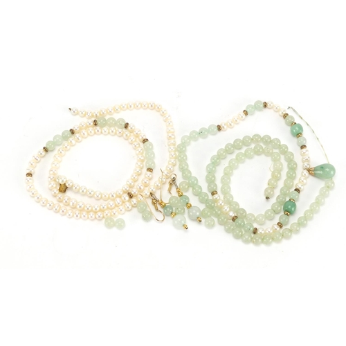 387 - Two jade and pearl necklaces and a pair of earrings