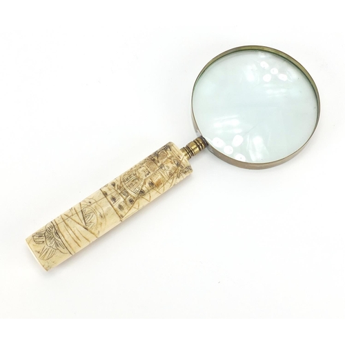 691 - Chinese bone handled magnifying glass carved with figures, 25.5cm in length