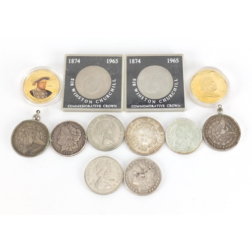 590 - Coins including American dollars and gold plated crowns