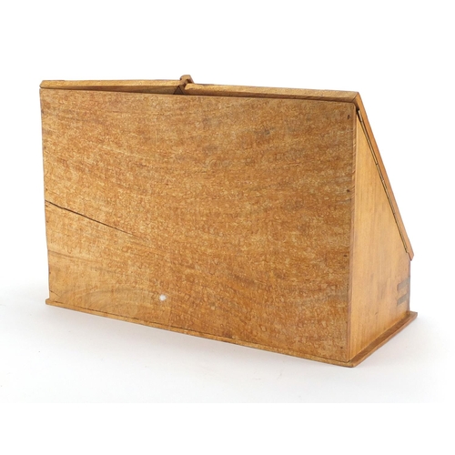 57 - Brass bound teak slope front stationery box, 39cm wide