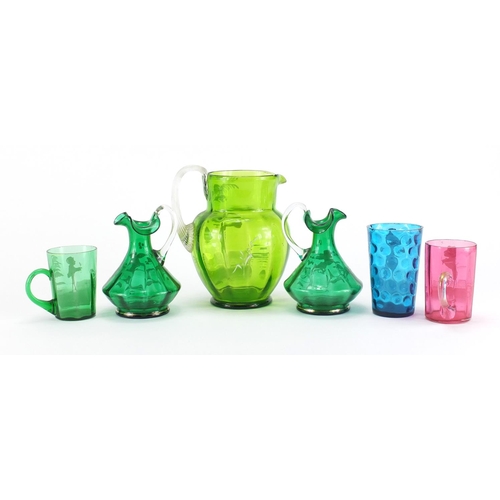 2289 - Victorian Mary Gregory glass including three jugs, the largest 17cm high