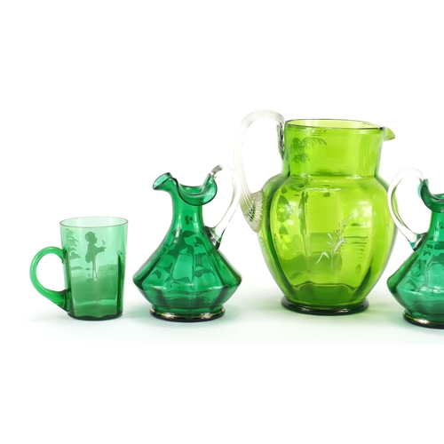 2289 - Victorian Mary Gregory glass including three jugs, the largest 17cm high