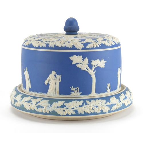 2294 - Wedgwood Jasper Ware cheese dome on stand, decorated with maidens, 21cm high x 27cm in diameter