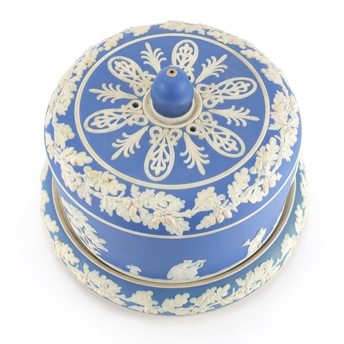 2294 - Wedgwood Jasper Ware cheese dome on stand, decorated with maidens, 21cm high x 27cm in diameter