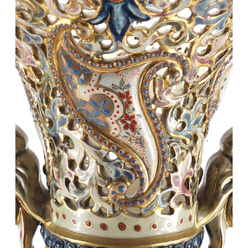 481 - Large Hungarian pierced vase with twin handles by Zsolnay Pecs, hand painted with panels of flowers,... 