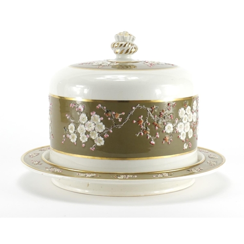 415 - Victorian aesthetic cheese dome on stand, hand painted with plum blossom, overall 23.5cm high, the s... 