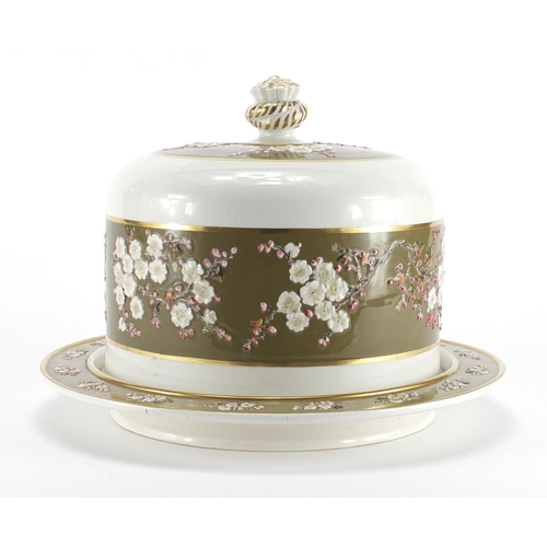 415 - Victorian aesthetic cheese dome on stand, hand painted with plum blossom, overall 23.5cm high, the s... 
