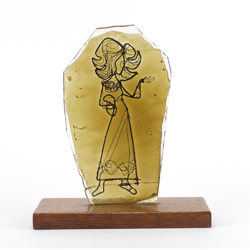 441A - Alfred Fisher glass and wire work sculpture of a female, raised on a rectangular oak block base, Alf... 