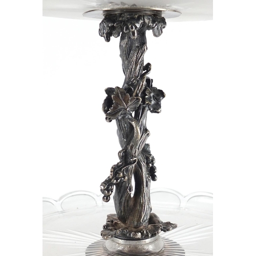 577 - Good Victorian silver plated and frosted glass cake stand, moulded with grapes on vines, 47cm high