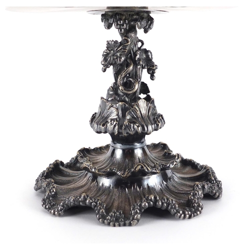 577 - Good Victorian silver plated and frosted glass cake stand, moulded with grapes on vines, 47cm high