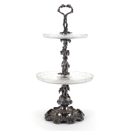 577 - Good Victorian silver plated and frosted glass cake stand, moulded with grapes on vines, 47cm high