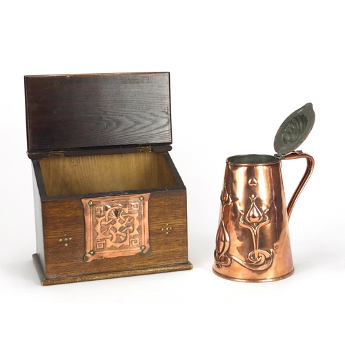 498 - Arts & Crafts copper flagon by Joseph Sankey & Son and an oak candle box with applied copper plaques... 