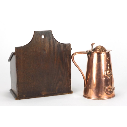 498 - Arts & Crafts copper flagon by Joseph Sankey & Son and an oak candle box with applied copper plaques... 