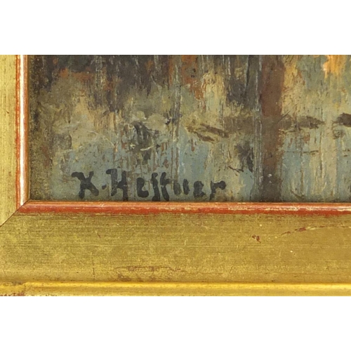 806 - Karl Heffner - Country lane as dust, oil on wood panel, labels verso, mounted and framed, 11.5cm x 7... 