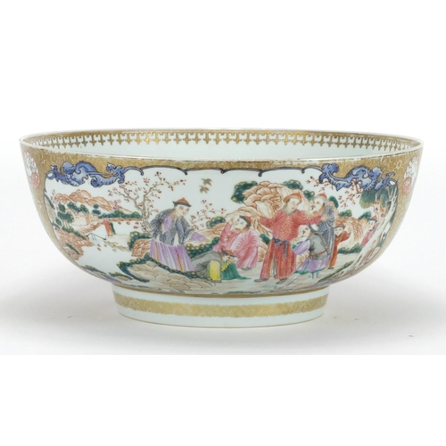 180 - Chinese porcelain punch bowl, finely hand painted in the famille rose palette with panels of figures... 