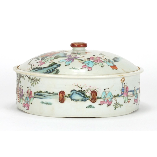 187 - Chinese porcelain pot and cover with twin iron red handles, finely hand painted in the famille rose ... 