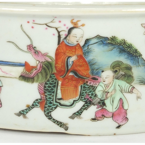 187 - Chinese porcelain pot and cover with twin iron red handles, finely hand painted in the famille rose ... 