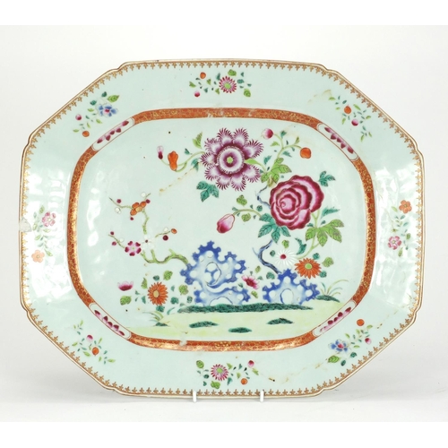 198 - Chinese porcelain meat platter, hand painted in the famille rose palette with flowers, 46cm wide